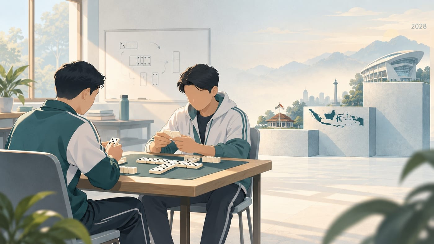 Ilustrasi atlet domino berlatih dengan papan skor di latar belakang